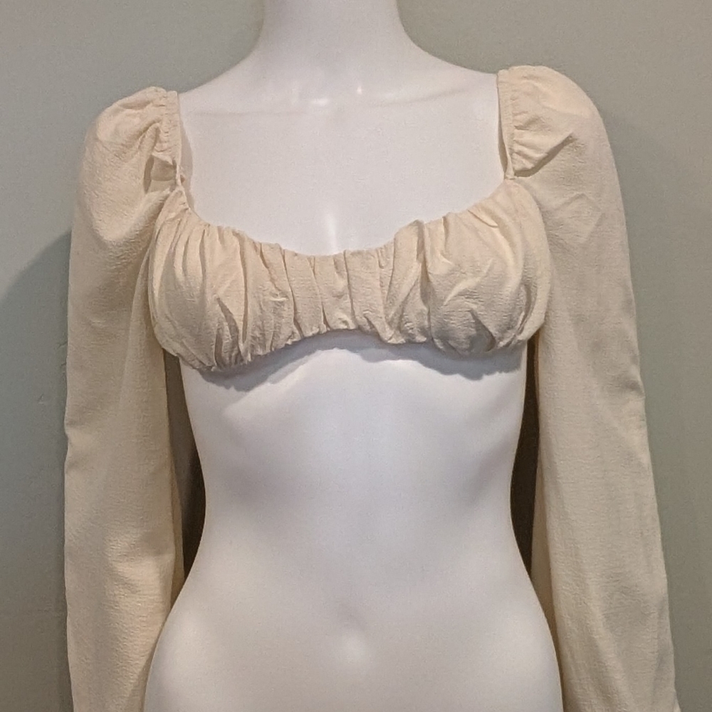 SHEIN Cream Neutral Ultra Cropped Bra Top With Long Puffed Flowy Sleeves Small